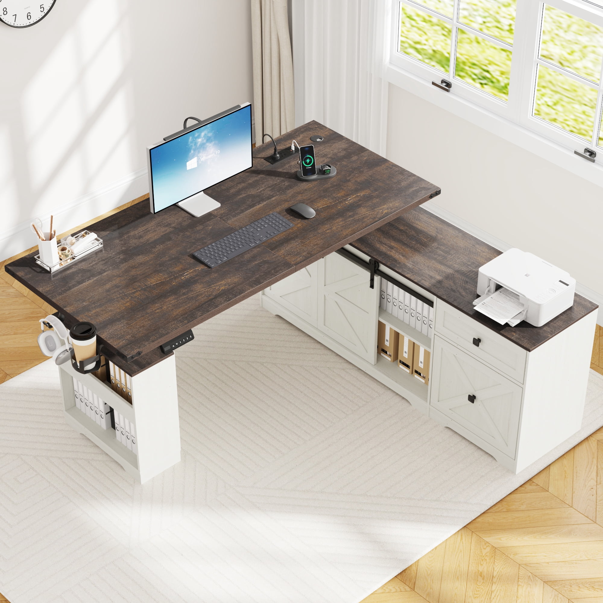 ANPOO 63" Farmhouse L Shaped Electric Standing Desk, Height Adjustable Corner Desk with Power Outlets, Storage Drawers and Adjustable Shelves, Standing Elegant Computer Desks for Home Office, White