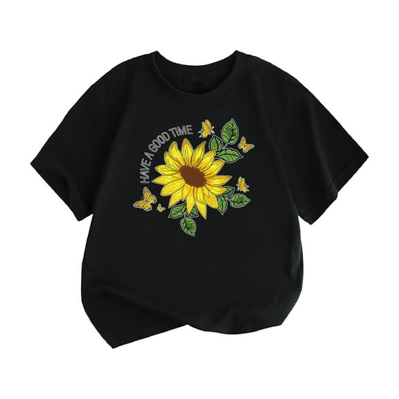 PINQI Little Children and Big Kids HAVE A GOOD TIME Print Boys and Girls Tops Short Sleeved T Shirts 2025 Summer Fashion Clothes (Black,6-8 Years)