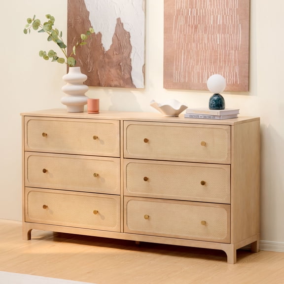 Elio Rattan 6 Drawer Dresser with Brass Knob, Blonde