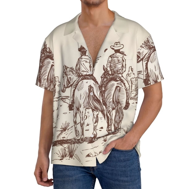 Balery Cowboys Riding Horses Camisa Casual de Manga Corta con Botones para Hombre, Texturizada, Estilo Cubano, para Playa, Verano-4X-Large