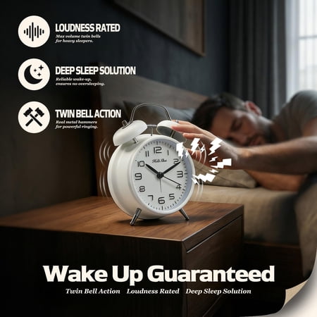 PYAN-Loud Alarm Clock for Heavy Sleepers, 6 inch Battery Operated Twin Bell Alarm Clock with Night Light & Snooze, Silent Non Ticking Analog Small Clock Decor for Bedroom, Bedside, Living Room