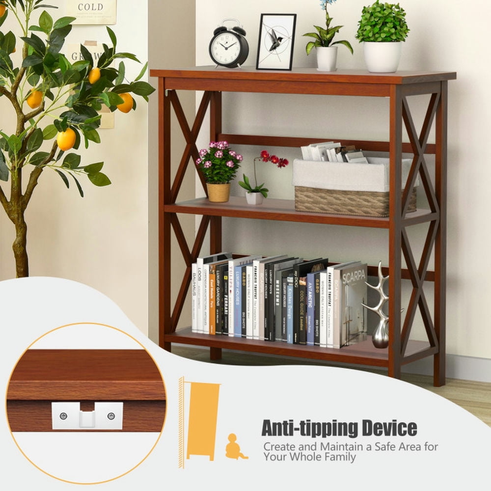 Demi Bonn 3-Tier Wooden Bookshelf, Multi-Functional X-Design Etagere Storage Bookcase, Brown
