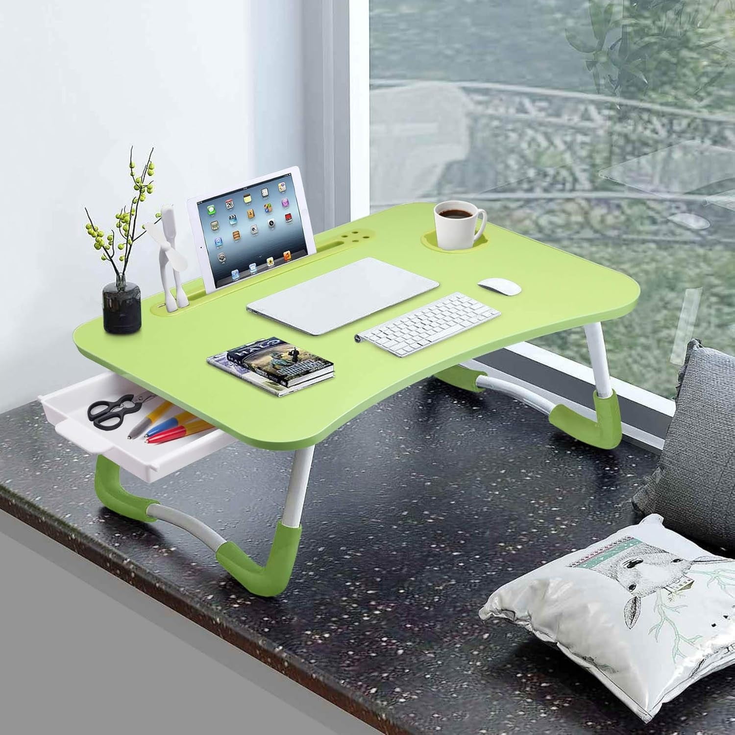 Lap Desk with Tablet Slot, Foldable Laptop Table with Storage Drawer for Bed，Portable Bed Desk for Laptop, Computer Tray with Cup Holder Notebook Stand Reading Holder for Couch Floor, Green