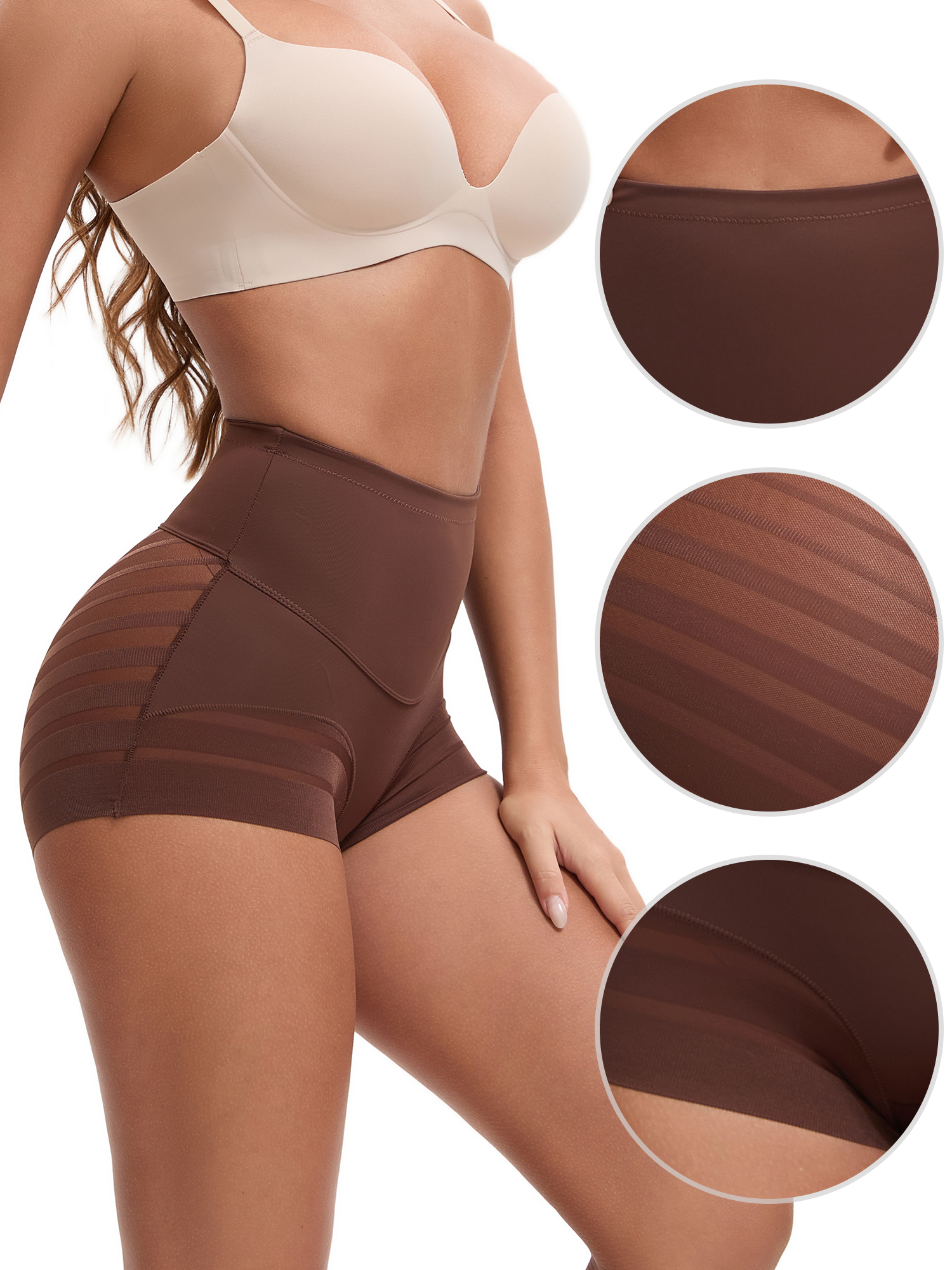 Unique Bargains Tummy Control Shapewear Stripe Mesh Underwear Panties L Coffee