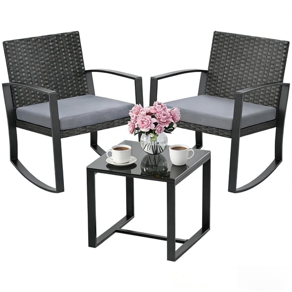 Noelse 3 Piece Patio Furniture Set, Wicker Rocking Chair Set with Table and Cushions for Patio,Balcony,Porch, Gray