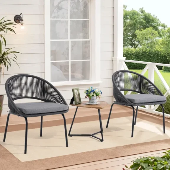 Dozzle 3-Piece Patio Bistro Set with Cushions, All-Weather Woven Rope Chairs and Coffee Table for Balcony, Garden,Black