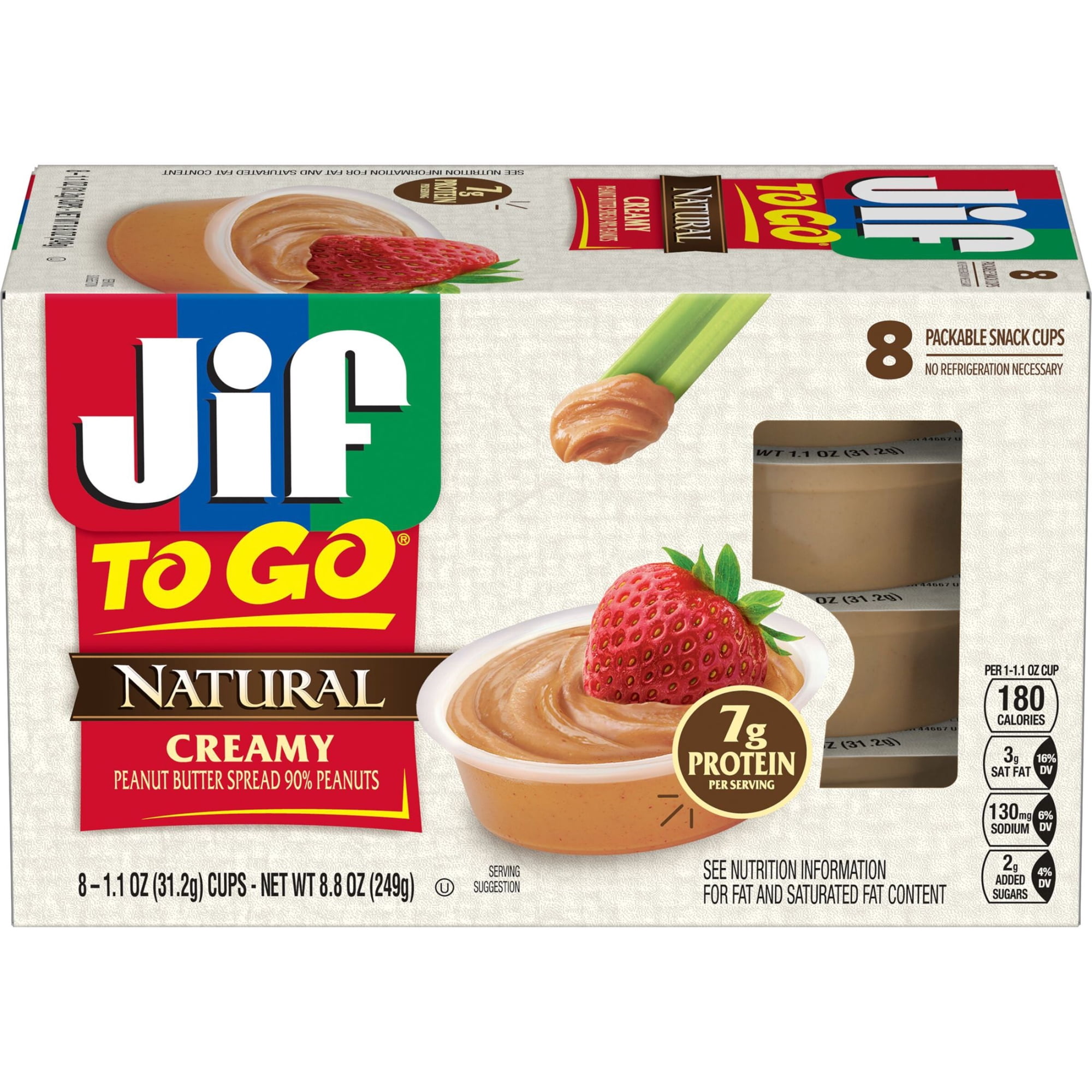 Jif To Go Natural Creamy Peanut Butter Spread, 8 Cups, 1.1 oz Each