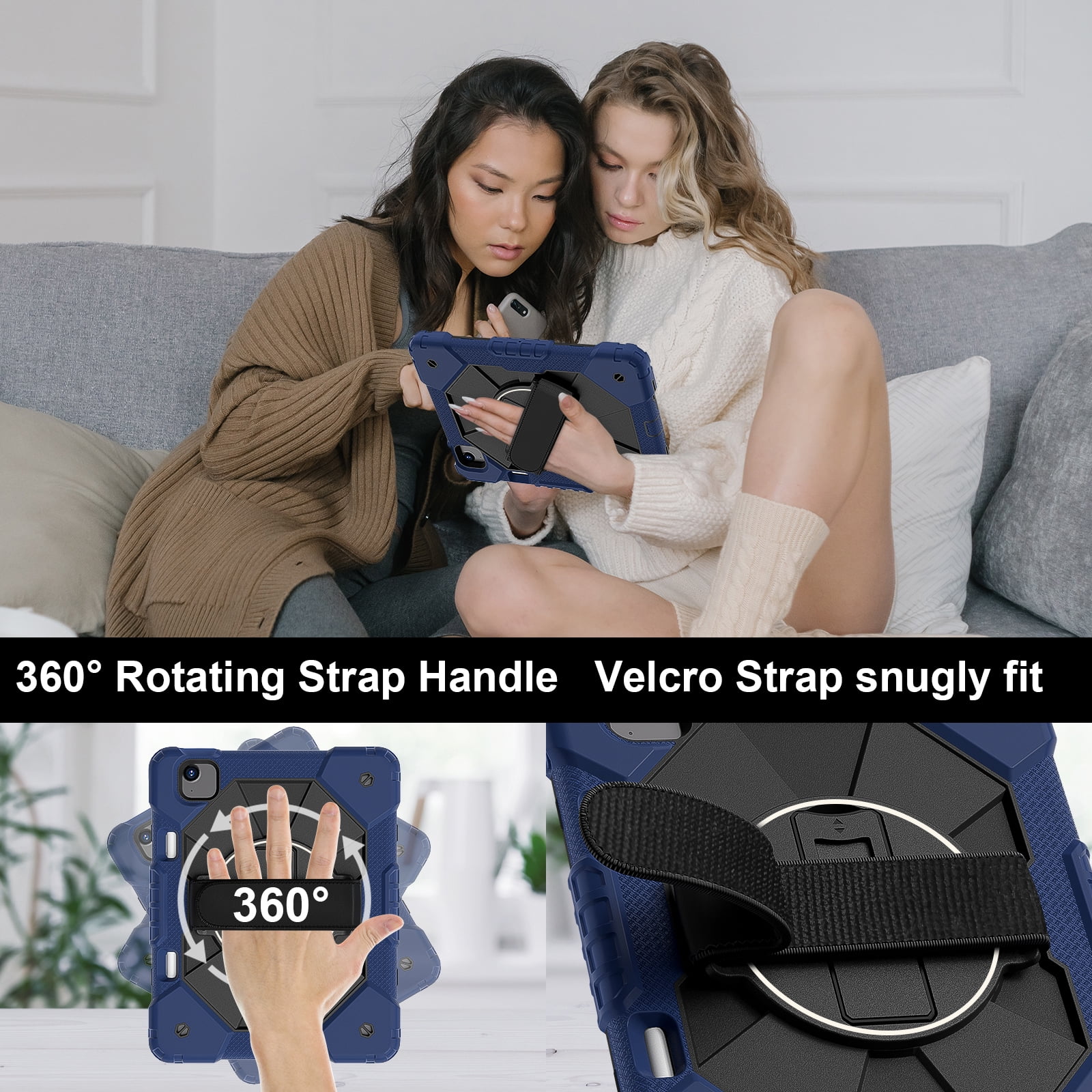 for iPad Air 13 inch (M2) 2024 Case, Military Grade Heavy Duty Silicone Protection Cover with Pencil Holder + 360 Rotating Stand + Wrist Handle Rugged Cover for iPad Air 13" 2024, Navyblue+Black