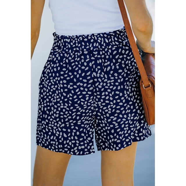 ABPHQTO Pantalones cortos casuales sueltos de cintura alta con estampado de lunares azules para mujer