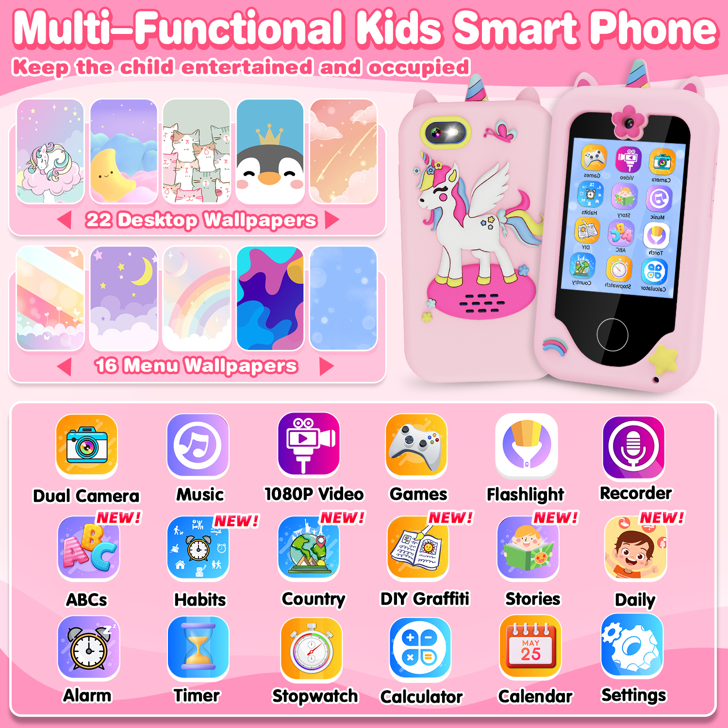 Kids Smart Phone Toy for Girls 3 4 5 6 Year Old, MP3 Music Player, Dual ...