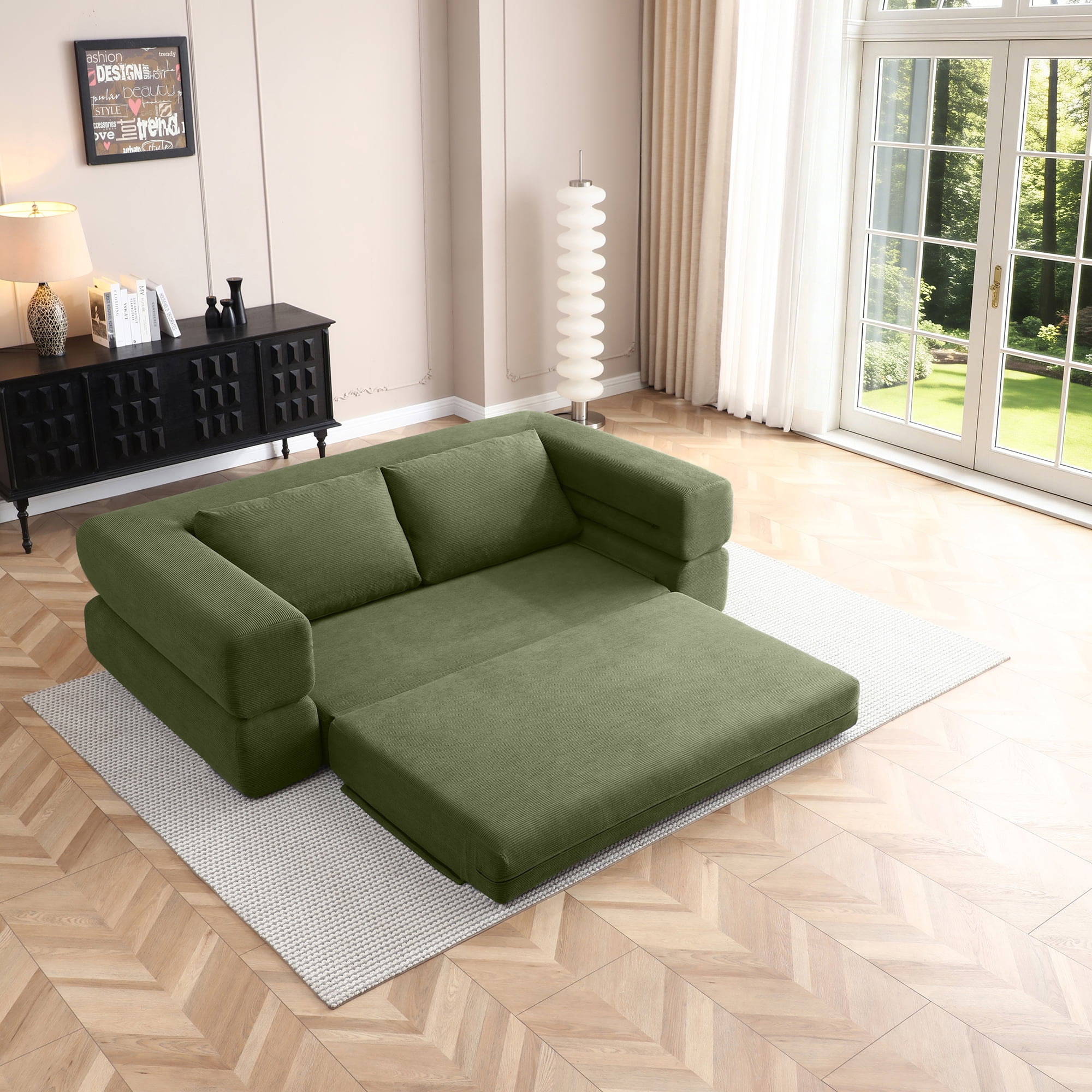 81-Inch Convertible Sofa Bed with Pillows, 3-in-1 Folding Floor Couch and Corduroy Futon Sleeper Mattress for Living Room and Bedroom, Green