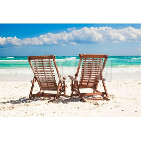 Mexican Art Artists - Beach Wooden Chairs for Vacations and Relax on Tropical White Sand Beach in Tulum, Mexico Print Wall Art By TravnikovStudio