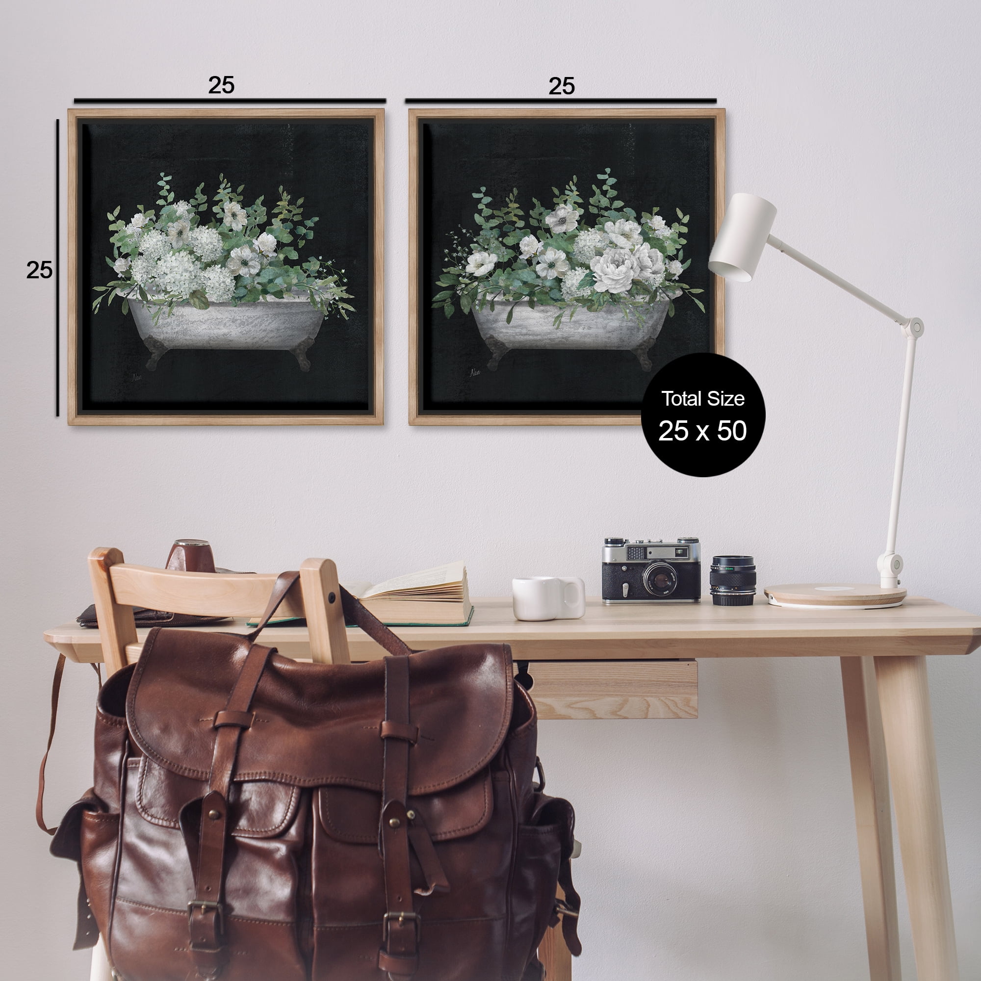 Stupell Industries Filled White Floral Soaking Tub Bath & Laundry Painting Brown Floater Framed Canvas Art Print Wall Art, 25 x 25, Set of 2