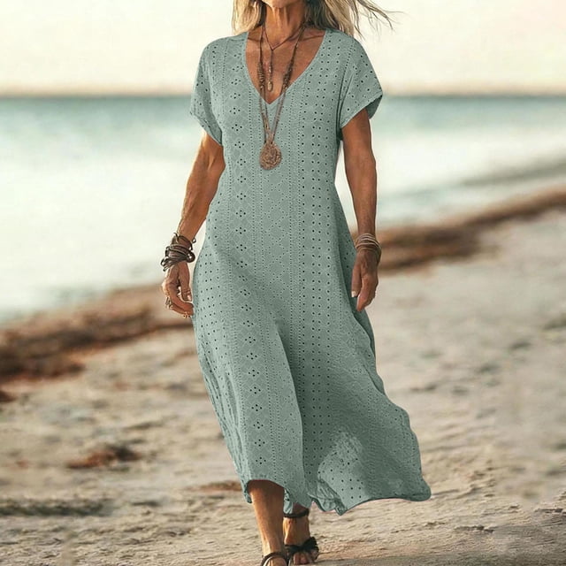TaTaai Short Sleeve V-Neck Maxi Dress Women's Solid Color Casual Dress with Lock Detail Stretchy Polyester Blend Summer Wear Gift