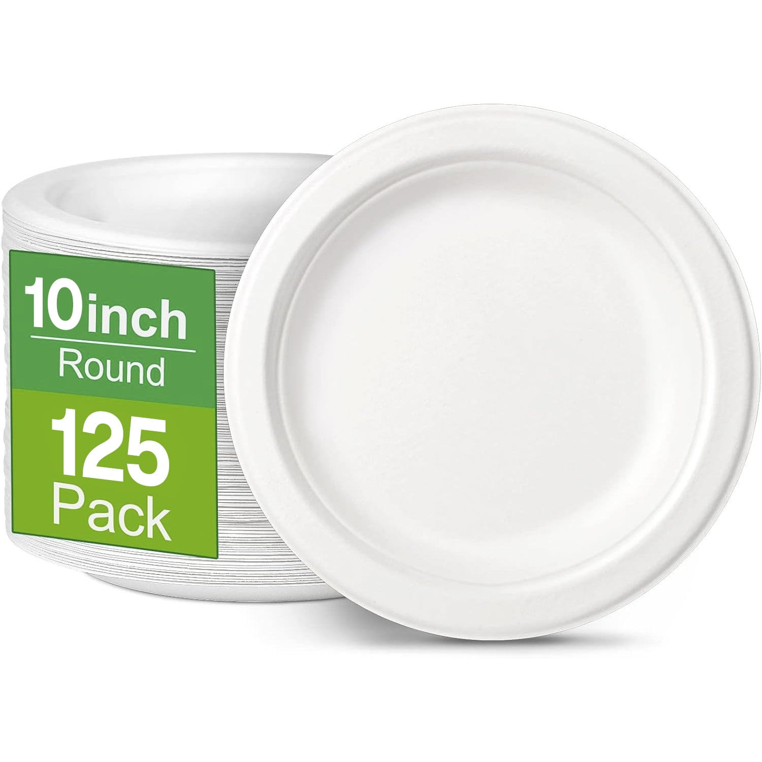 BN-LINK 125 Pack Disposable Paper Plates, 10’’ 100% Compostable Heavy Duty Plates, Eco-Friendly Biodegradable Sugarcane Fibers, for Parties, Picnics, BBQs, White