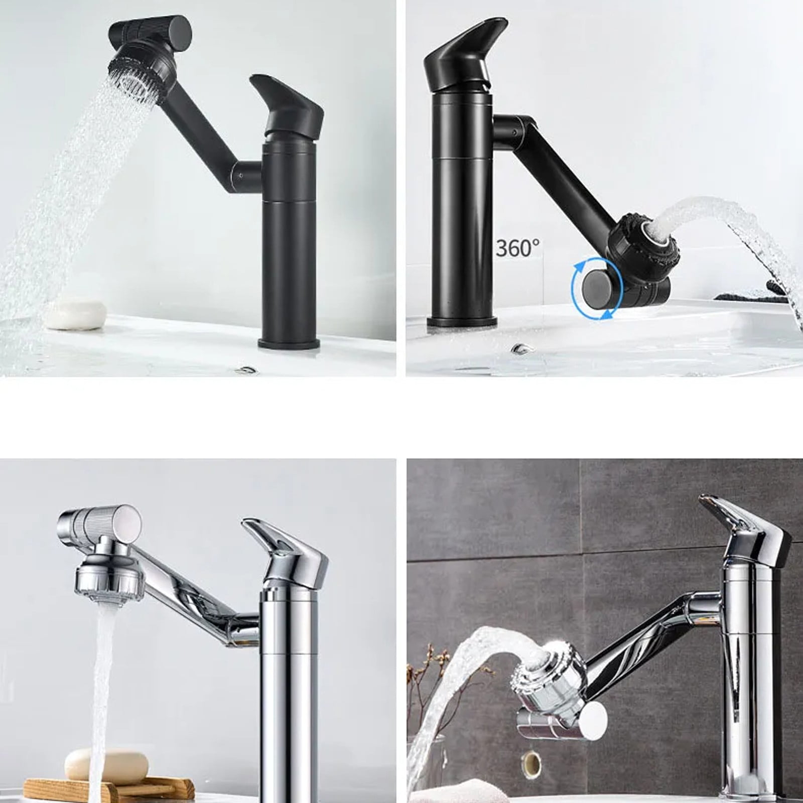 Silver Bathroom Faucet 1080 Degree Swivel Lavatory Basin Sink Faucet 1 Handle Big Angle Spray Aerator Spout Extender Universal Rotating Splash Filter 2 Water Outlet Modes