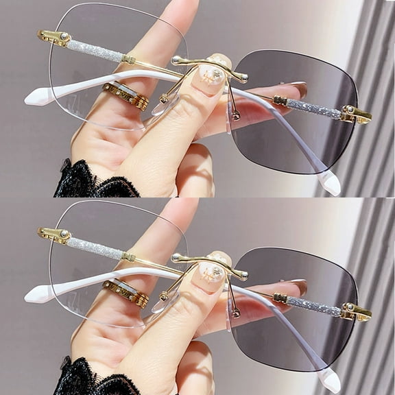 2 Pairs of Ultra Light Rimless Bling Photochromic Gray Square Frameless Gold Reading Glasses for Women Blue Light Blocking Readers UV