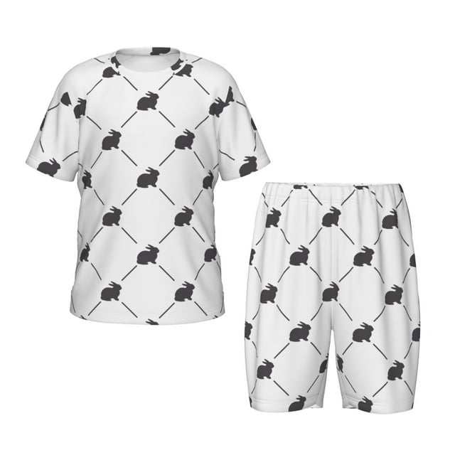 Xecao Black Rabbit Pattern Short-Sleeved Pajama Set for Kids Soft Cotton-Like Sleepwear with Elastic Waistband and Side Pockets for Boys and Girls-Large