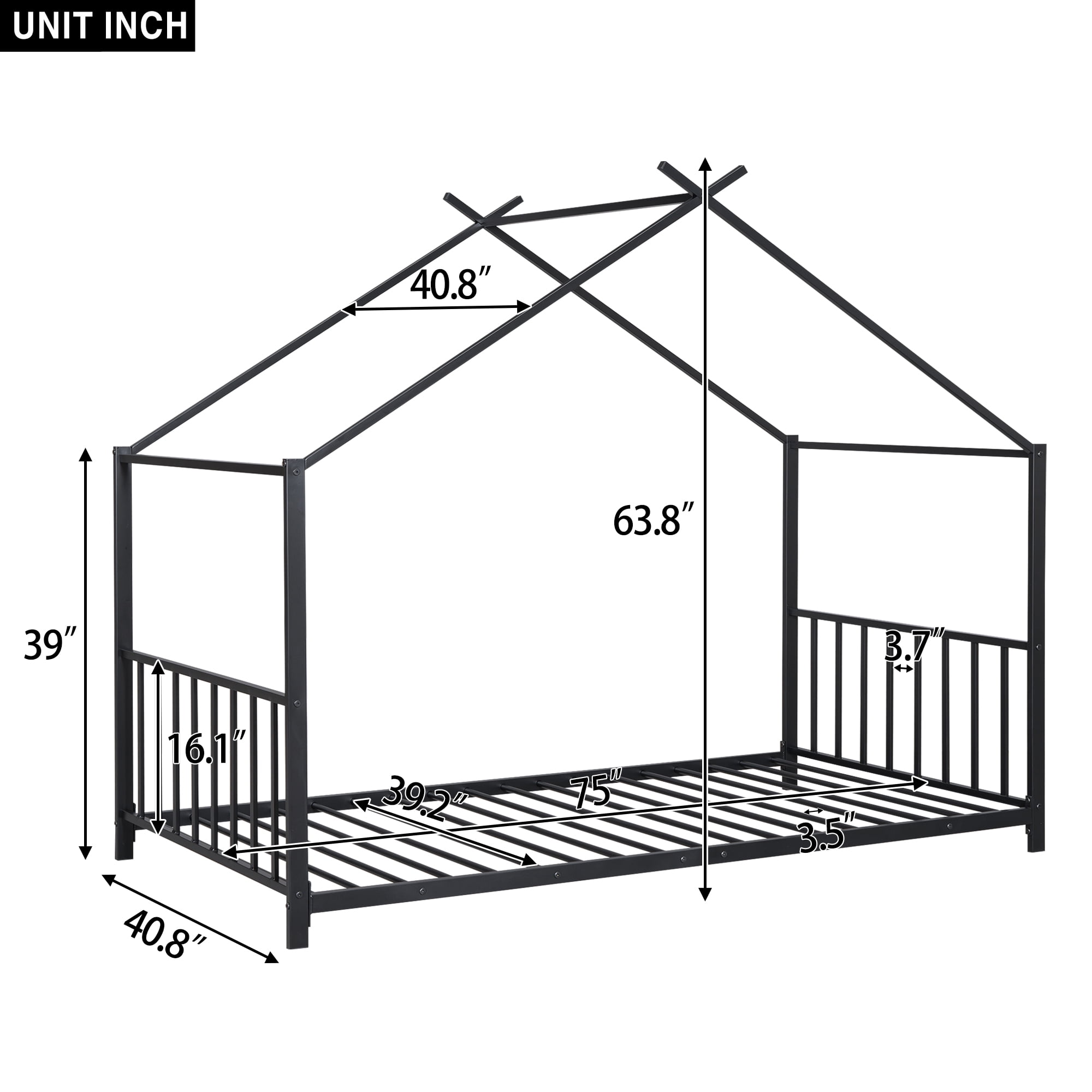 Yoneston Twin Size Kids Metal House Platform Bed Frame with Roof for Child, No Spring Needed, Black