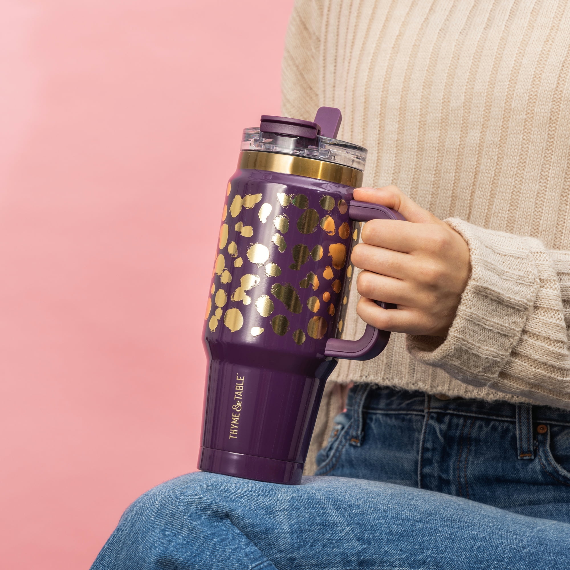 Thyme & Table 32 fl oz Stainless Steel Luna Tumbler with Handle and Dual Straw Lid, Purple & Gold Dot