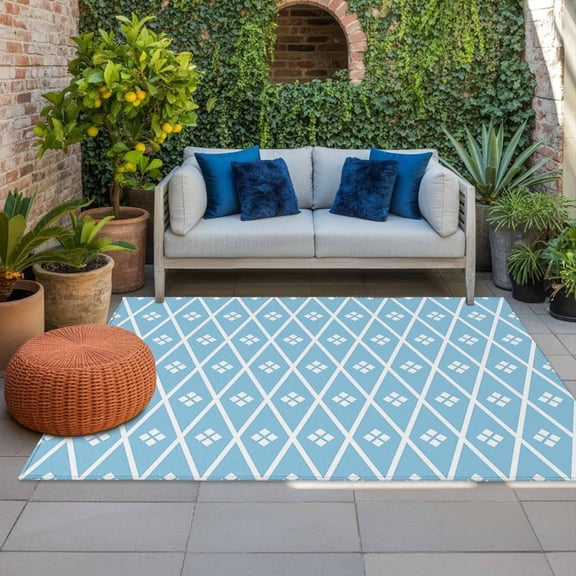 Outdoor Rug 3x5 ft Blue Diamond Outdoor Large Area Rug Non Slip Rubber Geometric Rhombus Front Door Mat RV Rug Camping Carpet Patio Outdoor Rugs for Backyard Balcony Deck Porch Indoor