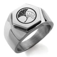 thumbnail image 1 of Stainless Steel Yin Yang Ginkgo Leaves Kamon Crest Engraved Hexagon Crest Flat Top Biker Style Polished Ring, 1 of 1