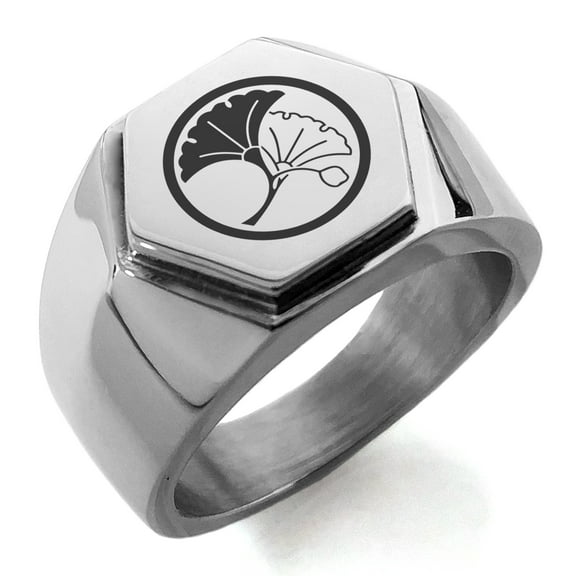 Stainless Steel Yin Yang Ginkgo Leaves Kamon Crest Engraved Hexagon Crest Flat Top Biker Style Polished Ring
