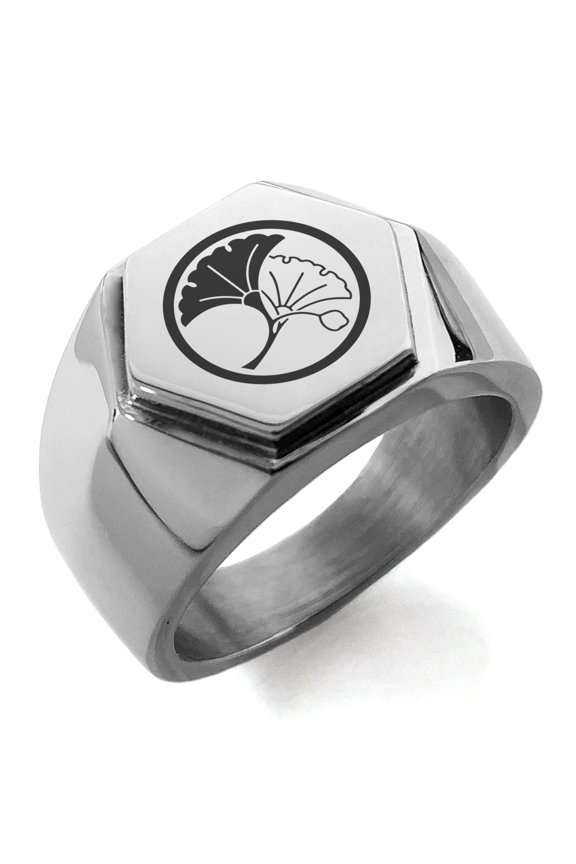 Stainless Steel Yin Yang Ginkgo Leaves Kamon Crest Engraved Hexagon Crest Flat Top Biker Style Polished Ring
