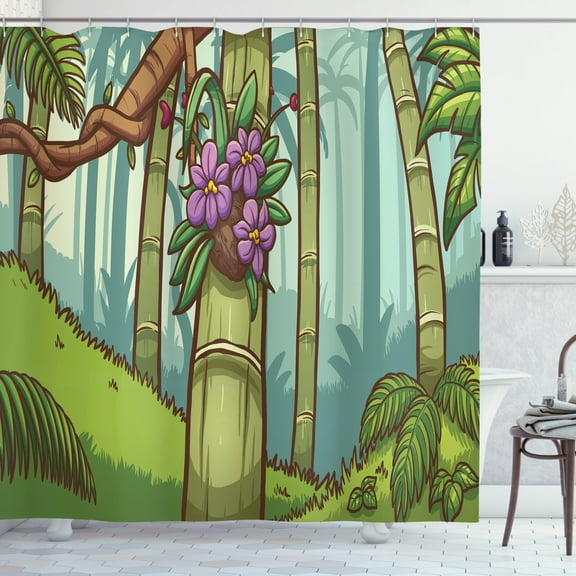 Orchids Shower Curtain, Rainforest Foliage Fern Monstera Split Leaf Exotic Nature Bloom Design, Fabric Bathroom Set with Hooks, 69W X 75L Inches Long, Olive Green Night Blue, by Ambesonne