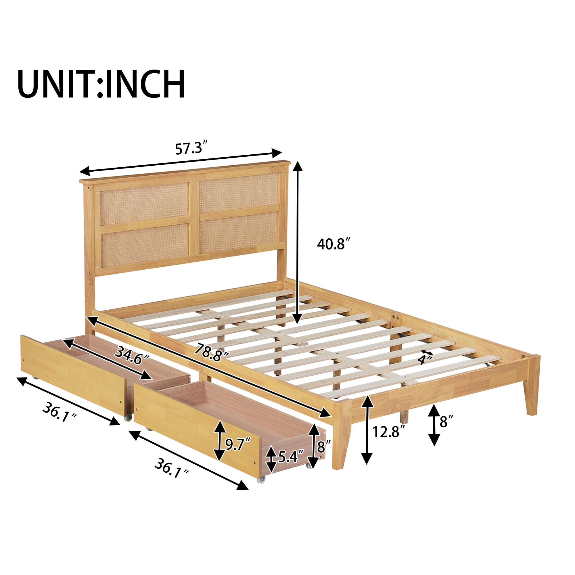 Miniyam Full Size Bed with Rattan Headboard, Storage Drawers for Adult, Oak