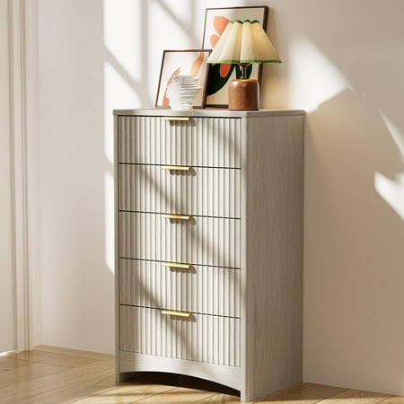 Pipishell Fluted 5 Drawers Dresser for Bedroom, 30" Wooden Drawers with Metal Handle, Dressers with Round Corner Design, Closet Storage Organizer for Bedroom, Hallway, Grey