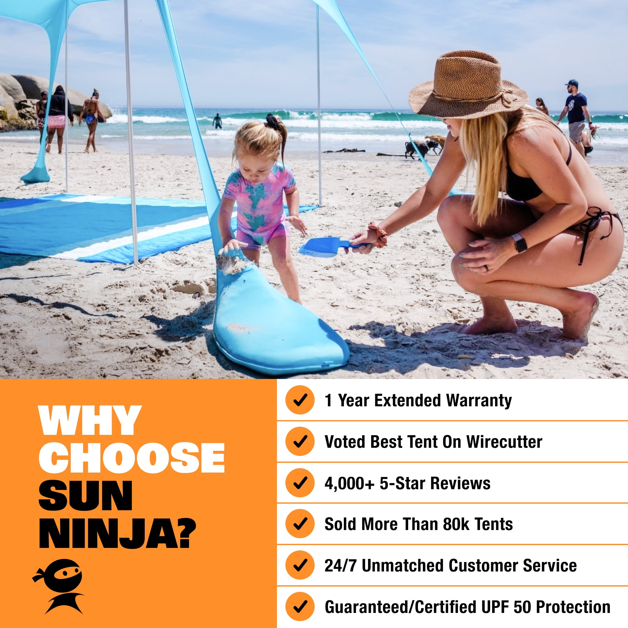 SUN NINJA Pop Up Navy Blue Beach Tent UPF50+ with Shovel, Pegs & Stability  Poles 