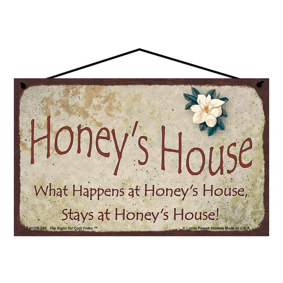5x8 Honey's House Sign with Magnolia Flower What Happens at Honey's House Stays at Honey's House Vintage Style Decorative Household Family Home Décor Grandma Nickname Gift Signs for Grandmothers