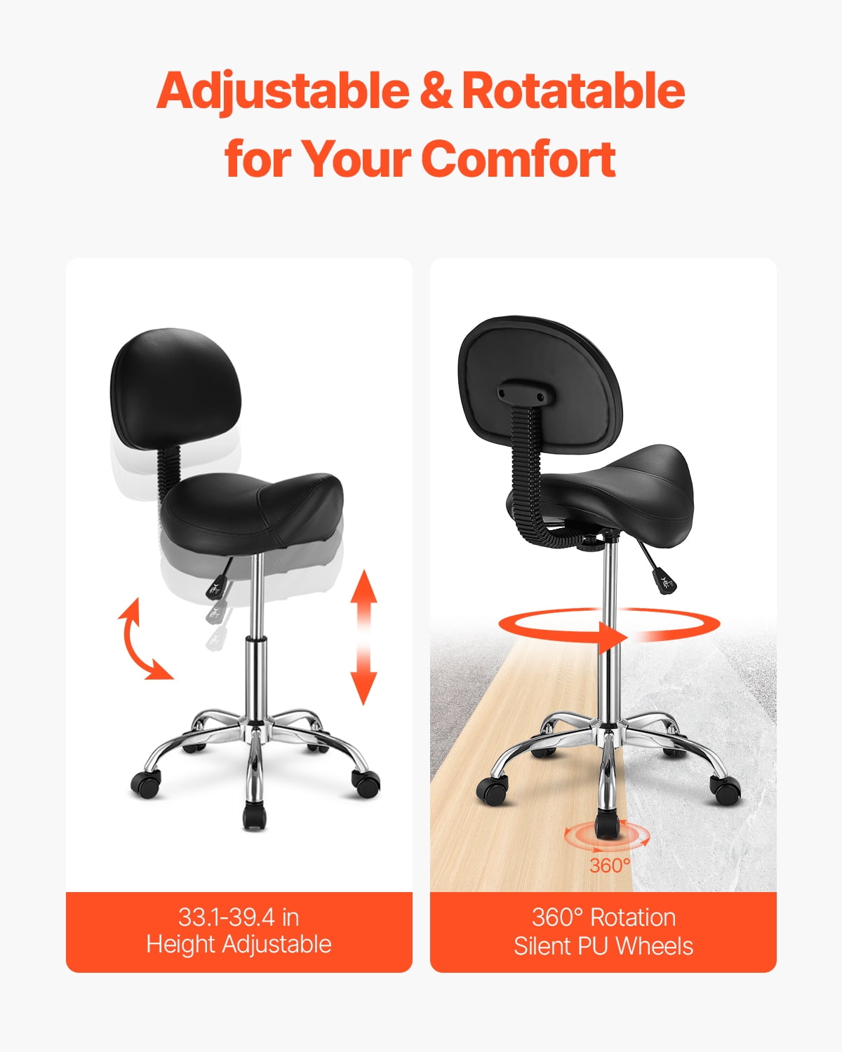 VEVOR Saddle Stool with Back Support and Wheels, 450 LBS Weight Capacity Ergonomic Rolling Stool, Height Adjustable Thickened PU Leather Swivel Saddle Chair for Salon, Spa, Massage, Tattoo, Black