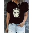 thumbnail image 1 of T-shirt Graphique Visage Masqué Chic pour Femmes - Col Rond Décontracté à Manches Courtes, Mélange Confortable de Polyester-Spandex, Lavable en Machine, TopFather's Day, Mother's Day, Nouvel An, Festival du Printemps, Saint-Valentin, 1 of 6