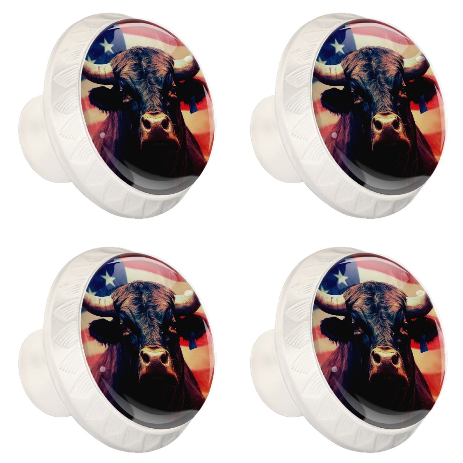 4 Pcs Cow American Flag Knobs for Kitchen Cabinet Cupboard Dresser Bookcase Drawer Pulls Handles Round Home Decor