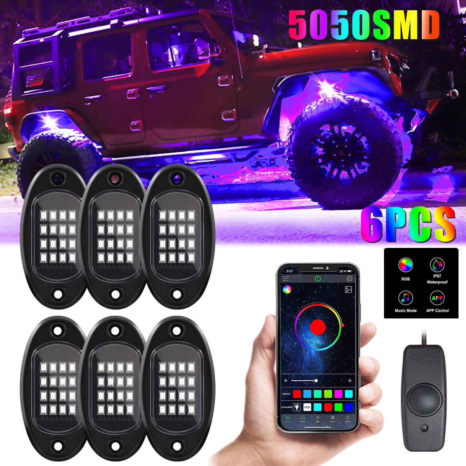 RGB LED Rock Lights Kit, 6 Pcs Multicolor Neon Light Pod with Bluetooth App  Control Timing Function IP67 Waterproof Exterior Light for Truck SUV