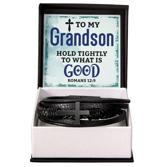 To My Grandson Hold Tightly Men's Cross Bracelet - Vegan Leather with Stainless Steel