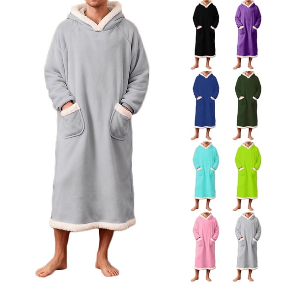 AnuYalue Mens Hooded Bathrobe Winter Warm Fleece Lined Sleep Gowns Soft Flannel Nightgown Long Sleeve Sleep Shirt with Pocket