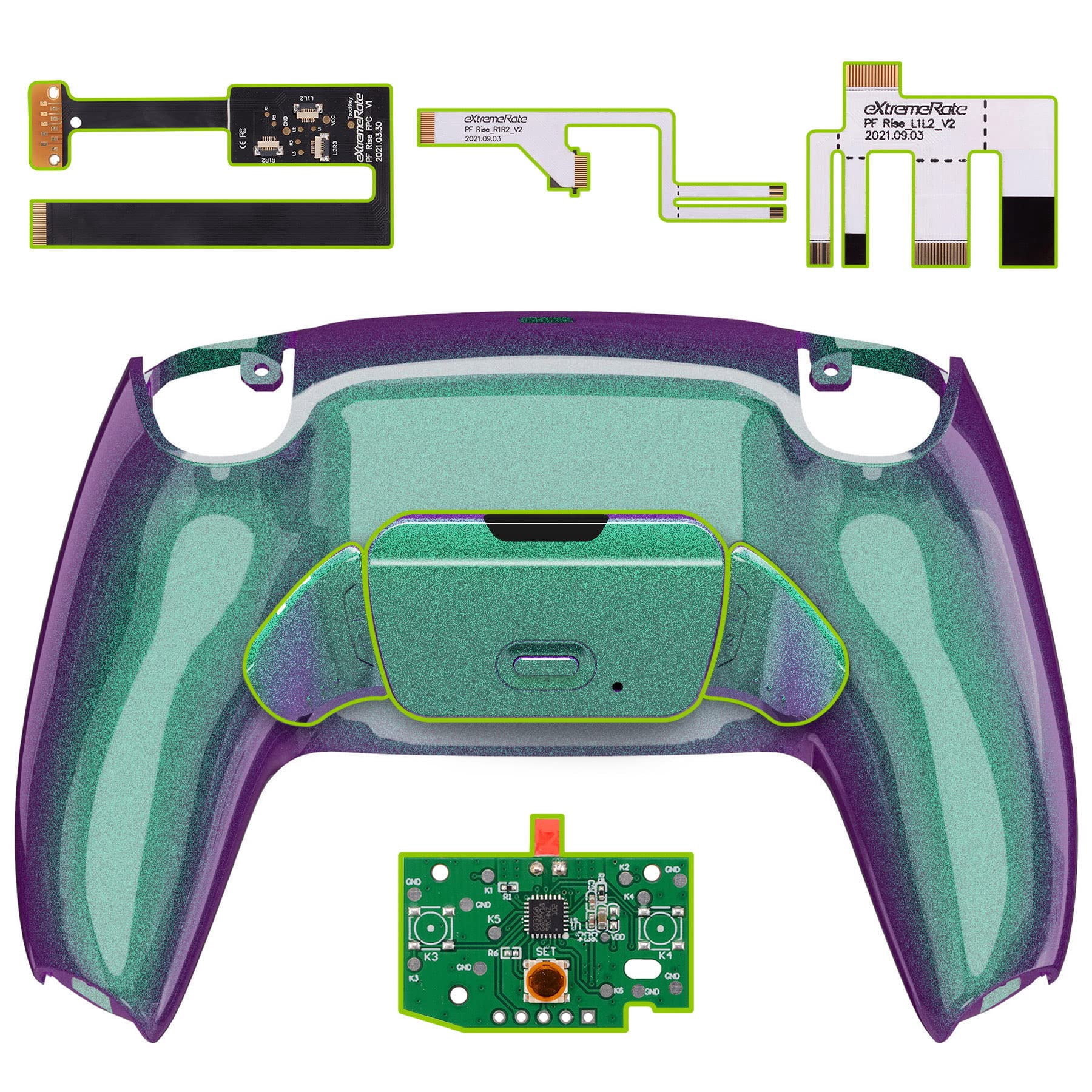 eXtremeRate Chameleon Green Purple Programable RISE 2.0 Remap Kit for PS5 Controller BDM-010/020, Upgrade Board & Redesigned Back Shell & Back Button Attachment for PS5 Controller - NOT A Controller