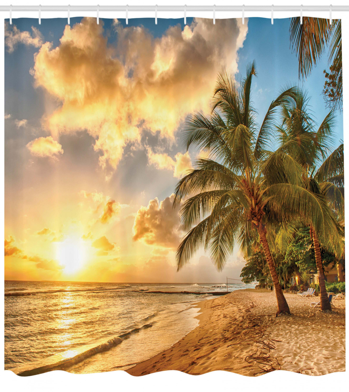 Scenery Decor Shower Curtain, Tropic Sandy Beach with Horizon at Sunset ...