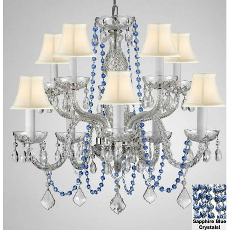 Authentic All Crystal Chandelier Chandeliers Lighting With Shire Blue Crystals And White Shades Authentic All Crystal Chandelier Chandeliers Lighting With Shire Blue Crystals And White Shades