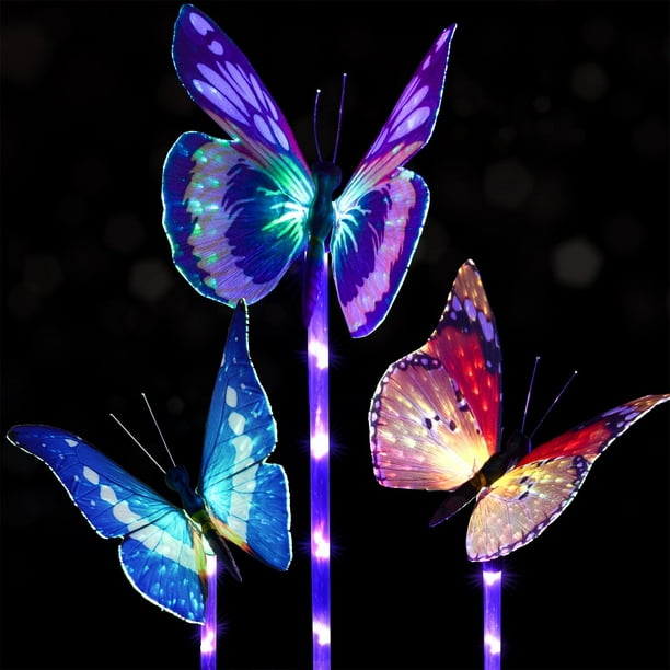 Garden Solar Lights Outdoor, 3 Pack Solar Stake Lights Multi-Color Changing  LED Butterfly, Fiber Optic Butterfly Decorative Lights with a Purple LED 
