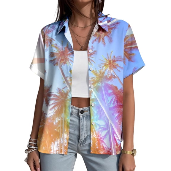 Yopmin Womens Hawaiian Shirt Palm Tree Print Button Up Short Sleeve Shirt Summer Tops for Beach Vacation Travel Summer