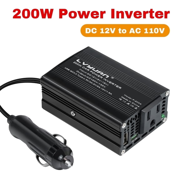 EFFORTWAY 200W Power Inverter 12V DC to 110V AC Car Inverter Converter with 20W PD USB-C & AC & 3.0 USB Adapter for Phone, Laptop on Road Trip, Home, Camping Black Modified Sine Wave Inverter