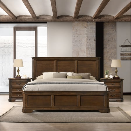 Traditional 3-Piece Wood Bedroom Set with King Bed and Nightstands in Antique Walnut for Bedroom