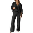 thumbnail image 3 of CILENON Loungewear Sets Woman Women's Spring And Autumn Leisure Loose Sleeve V Neck Top High Waist Wide Leg Pants Set 2 Piece Sweatshirt Loungewear for Travel Airplane Outfits (Black,XXL), 3 of 5
