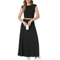 thumbnail image 2 of INSPIRE CHIC Two Piece Skirt Set Crew Neck Short Sleeve Cropped Top Elastic Waist A-Line Midi Skirt, 2 of 6