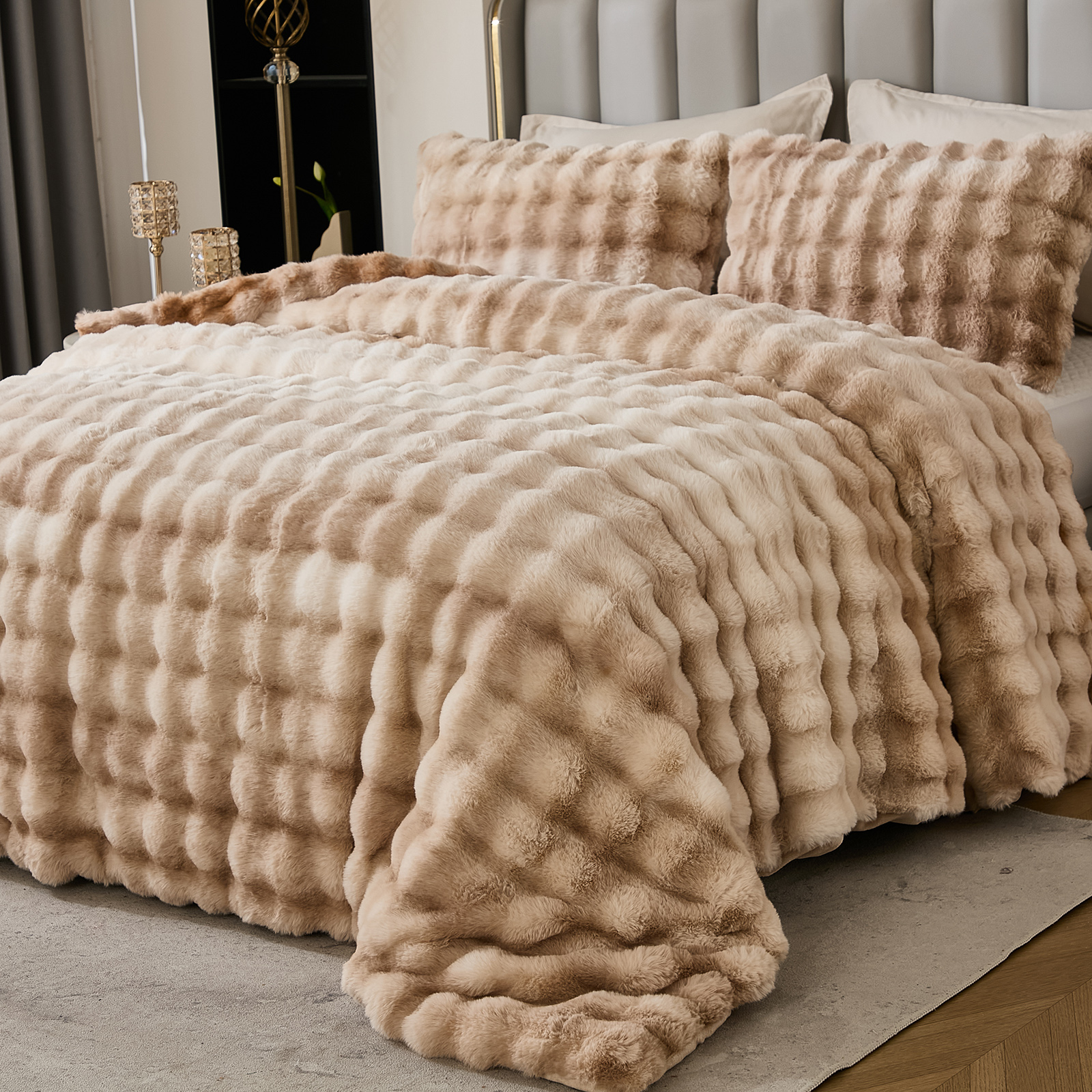 Plush Rabbit Faux Fur Comforter Set Queen/King Size Tie Dyed Fluffy Comforter Bed Set Luxury 3 Pieces Warm Shaggy Winter Comforter Queen Size Soft Bubble Bedding Comforter Set