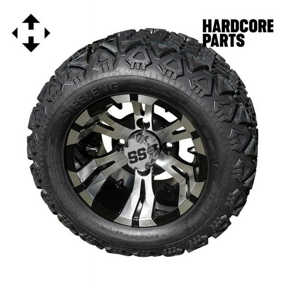 Hardcore Parts 10" Machined/Black 'Vampire' Golf Cart Wheels and 18″x9″-10″ DOT rated All-Terrain tires - Set of 4, includes Chrome 'SS' center caps and 1/2x20 Chrome lug nuts